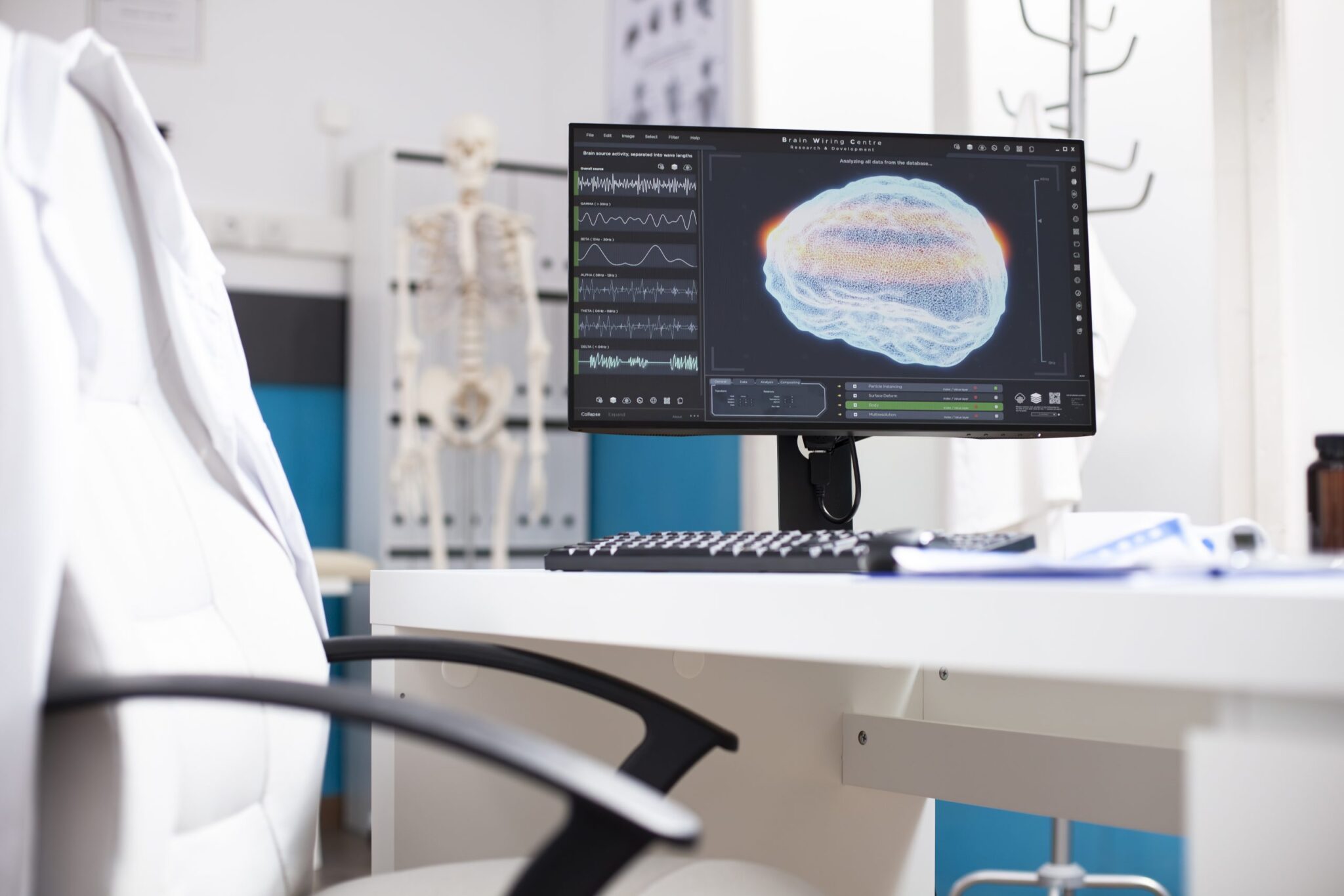 Medical desk with brain scan display